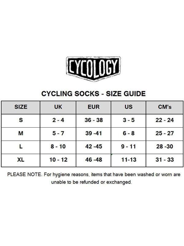 tabuľka s rozmermi cyklistických ponožiek od Cycology